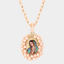 Virgin Mary Cross Printed Faceted Bead Cluster Pendant Long Necklace