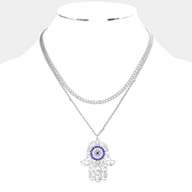 Rhinestone Evil Eye Filigree Hamsa Hand Pendant Double Layered Necklace