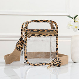 Leopard Patterned Faux Leather Transparent Rectangle Crossbody Bag