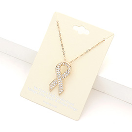 Rhinestone Embellished Metal Pink Ribbon Pendant Necklace