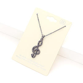 Rhinestone Embellished Metal Treble Clef Pendant Necklace