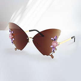 Floral Pearl Stone Embellished Tinted Butterfly Wayfarer Sunglasses