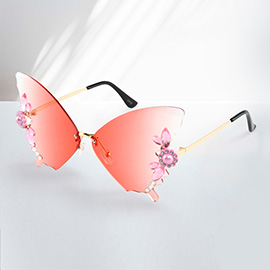 Floral Pearl Stone Embellished Tinted Butterfly Wayfarer Sunglasses