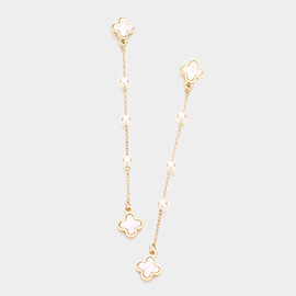 Mother of Pearl Quatrefoil Pearl Link Linear Dangle Earrings