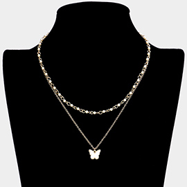 Mother of Pearl Butterfly Pendant Pearl Double Layered Necklace