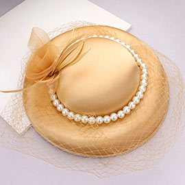 Mesh Flower Feather Pearl Trimmed Fascinator / Headband