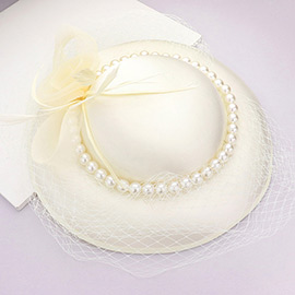 Mesh Flower Feather Pearl Trimmed Fascinator / Headband