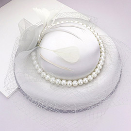 Mesh Flower Feather Pearl Trimmed Fascinator / Headband