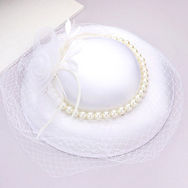 Mesh Flower Feather Pearl Trimmed Fascinator / Headband