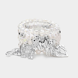 5PCS - Metal Elephant Charm Pearl Faceted Beaded Stretch Bracelets