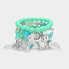 5PCS - Metal Elephant Charm Faceted Beaded Stretch Bracelets