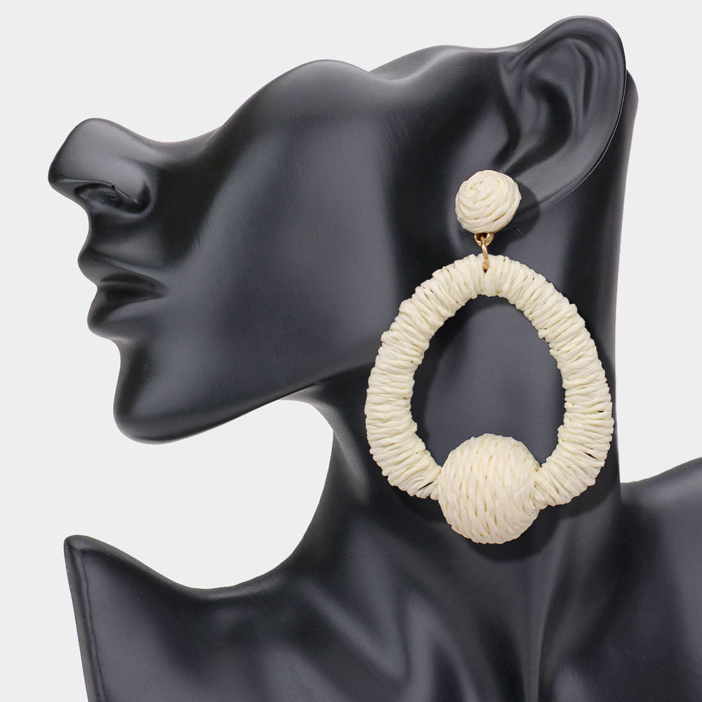 Raffia Ball Accented Open Teardrop Dangle Earrings