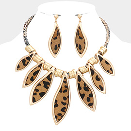 Genuine Leather Leopard Animal Patterned Irregular Teardrop Statement Necklace