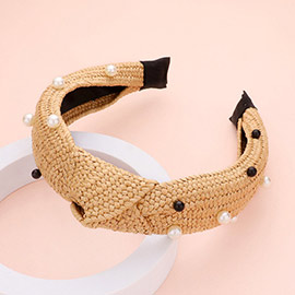 Pearl Embellished Straw Knot Burnout Headband