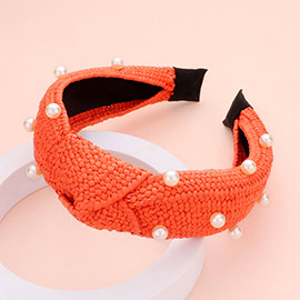 Pearl Embellished Straw Knot Burnout Headband