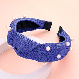 Pearl Embellished Straw Knot Burnout Headband