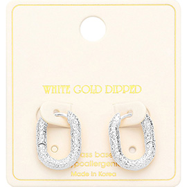 White Gold Dipped 0.75 Inch Textured Brass Metal Oval Huggie Hoop Earrings