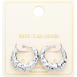 White Gold Dipped Brass Metal Textured Huggie Hoop Earrings