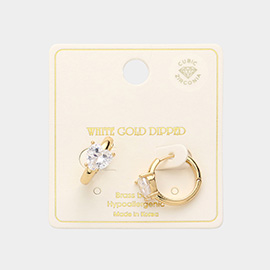 14K Gold Dipped Brass Metal CZ Heart Accented Huggie Hoop Earrings