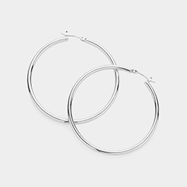 White Gold Dipped 2 Inch Brass Metal Hoop Pin Catch Earrings