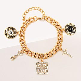 Round Stone Scissors Greek Pattern Cross No. 5 Charm Station Bracelet
