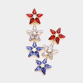 American USA Flag Triple Flower Link Dangle Earrings