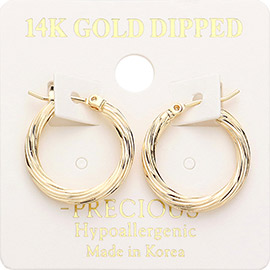 14K Gold Dipped 0.75 Inch Textured Hoop Pin Catch Earrings