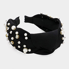 Pearl Round Stone Embellished Knot Burnout Headband