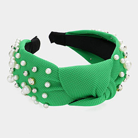 Pearl Round Stone Embellished Knot Burnout Headband