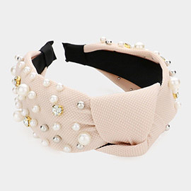 Pearl Round Stone Embellished Knot Burnout Headband