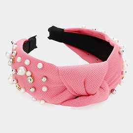 Pearl Round Stone Embellished Knot Burnout Headband