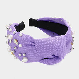 Pearl Round Stone Embellished Knot Burnout Headband