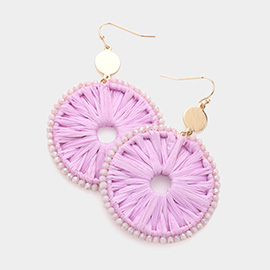 Faceted Bead Trimmed Woven Raffia Round Dangle Earrings