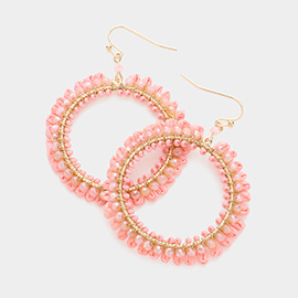 Raffia Faceted Bead Trimmed Open Circle Dangle Earrings