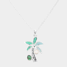 Abalone Glittered Palm Tree Pendant Necklace