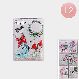 12PCS - Glittered Fashion Style Printed Cosmetic Mirrors