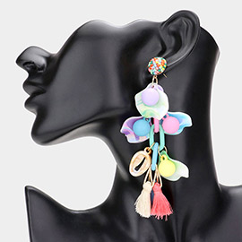 Puka Shell Petal Colored Ball Triple Tassel Link Dangle Earrings