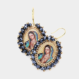 Virgin Mary Cross Printed Faceted Bead Cluster Dangle Earrings