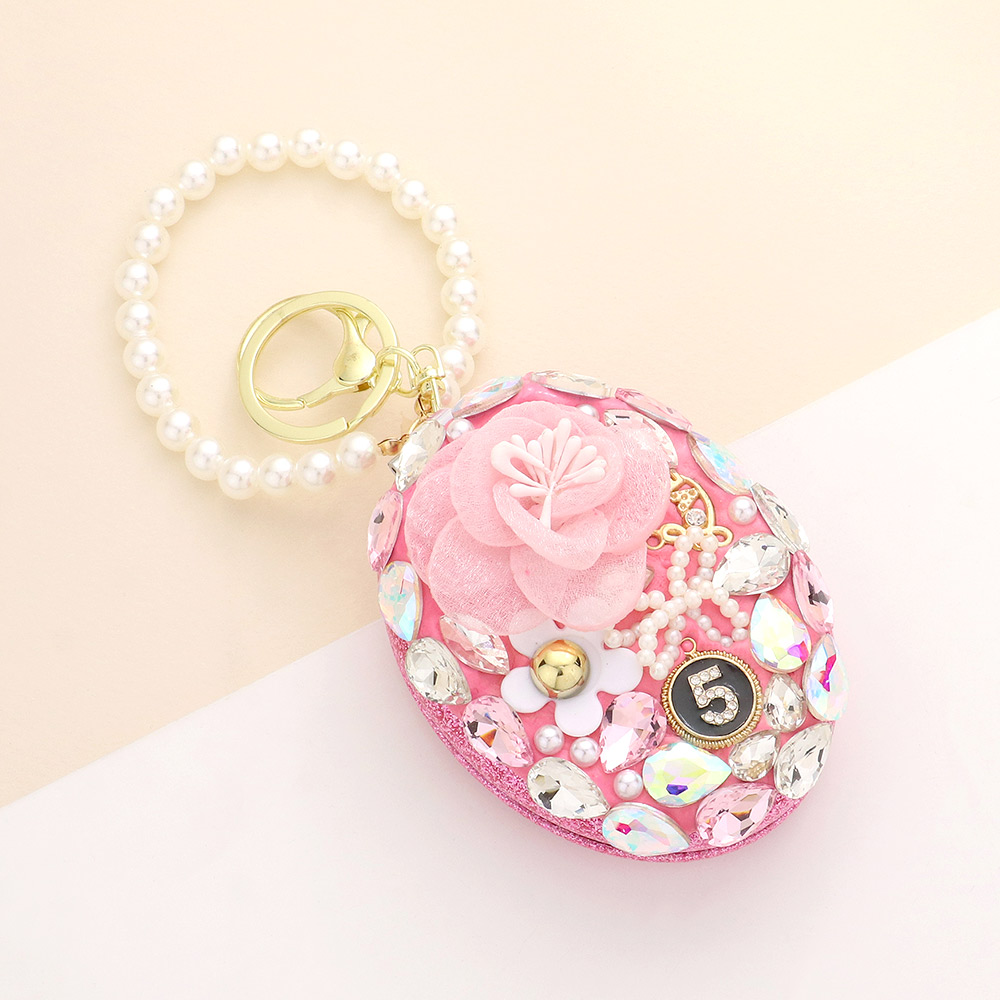Floral Pearl Multi Bead Embellished Oval Compact Mirror / Keychain