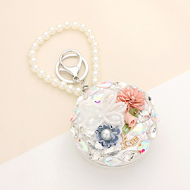 Floral Pearl Multi Bead Embellished Round Compact Mirror / Keychain