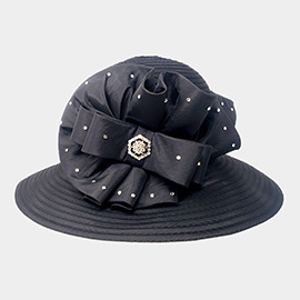 Stone Embellished Bow Accented Dressy Hat