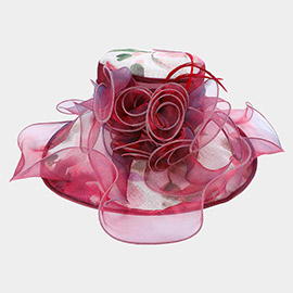 Flower Accented Abstract Leaf Patterned Dressy Hat