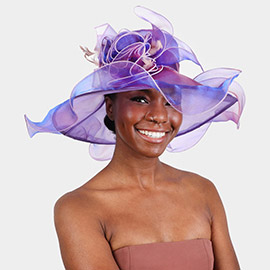 Flower Accented Abstract Leaf Patterned Dressy Hat