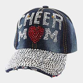 Cheear Mom Message Heart Studded Denim Baseball Cap