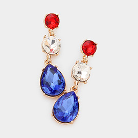 American USA Flag Round Teardrop Stone Link Dangle Evening Earrings