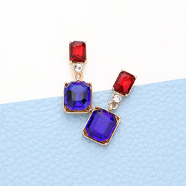 American USA Flag Emerald Cut Stone Link Dangle Evening Earrings