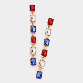 American USA Flag Emerald Cut Stone Link Dangle Evening Earrings