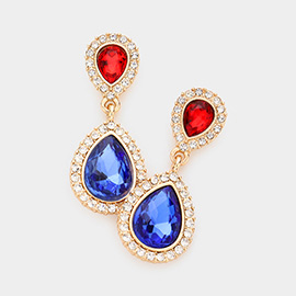 American USA Flag Double Teardrop Stone Link Dangle Evening Earrings