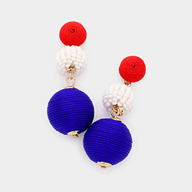 American USA Flag Seed Beaded Thread Wrapped Ball Link Dangle Earrings