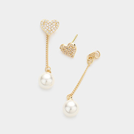 Brass Metal CZ Embellished Heart Pearl Link Dangle Earrings